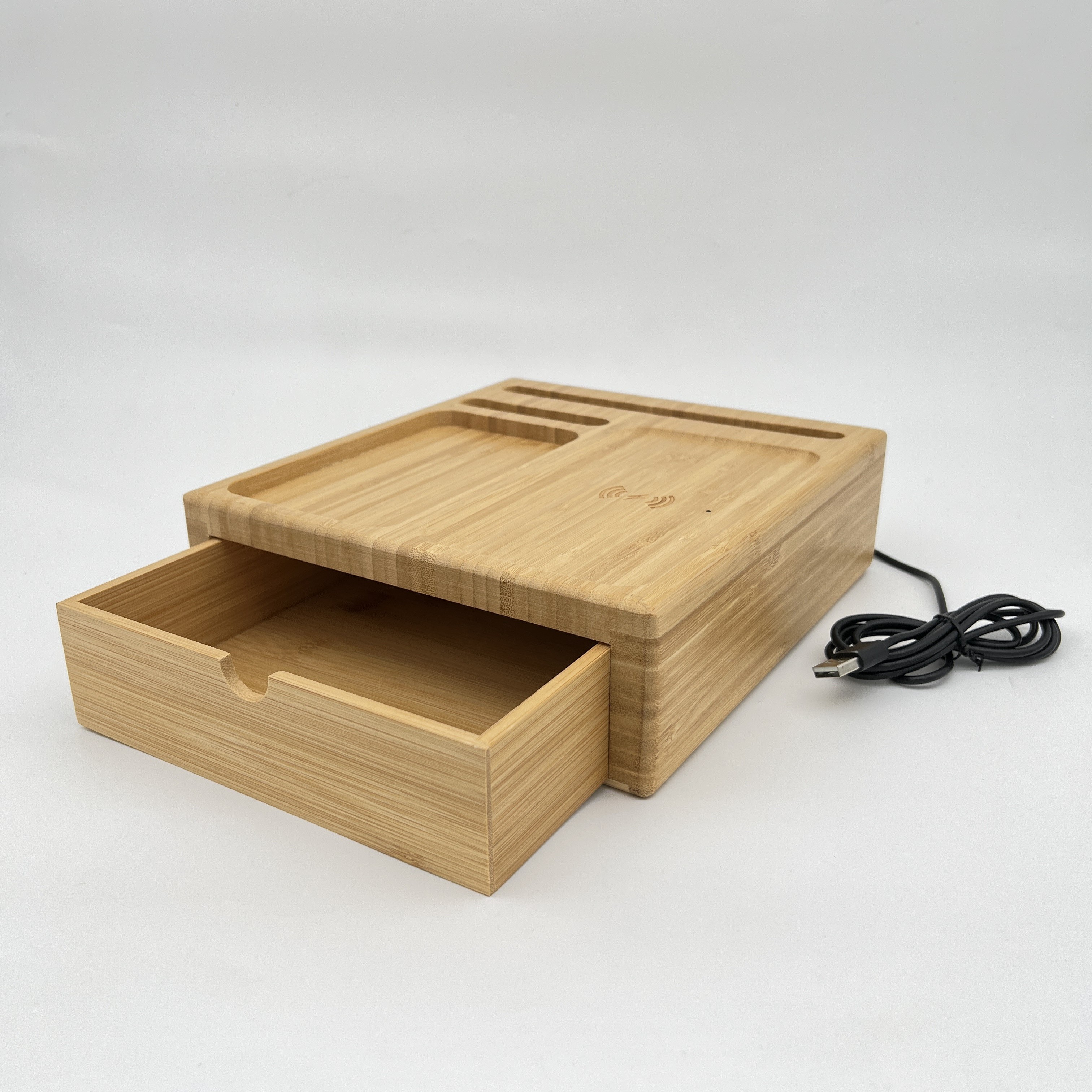 Chargeur sans fil en bois de bambou 10W avec organisateur de bureau pour chambre à coucher 