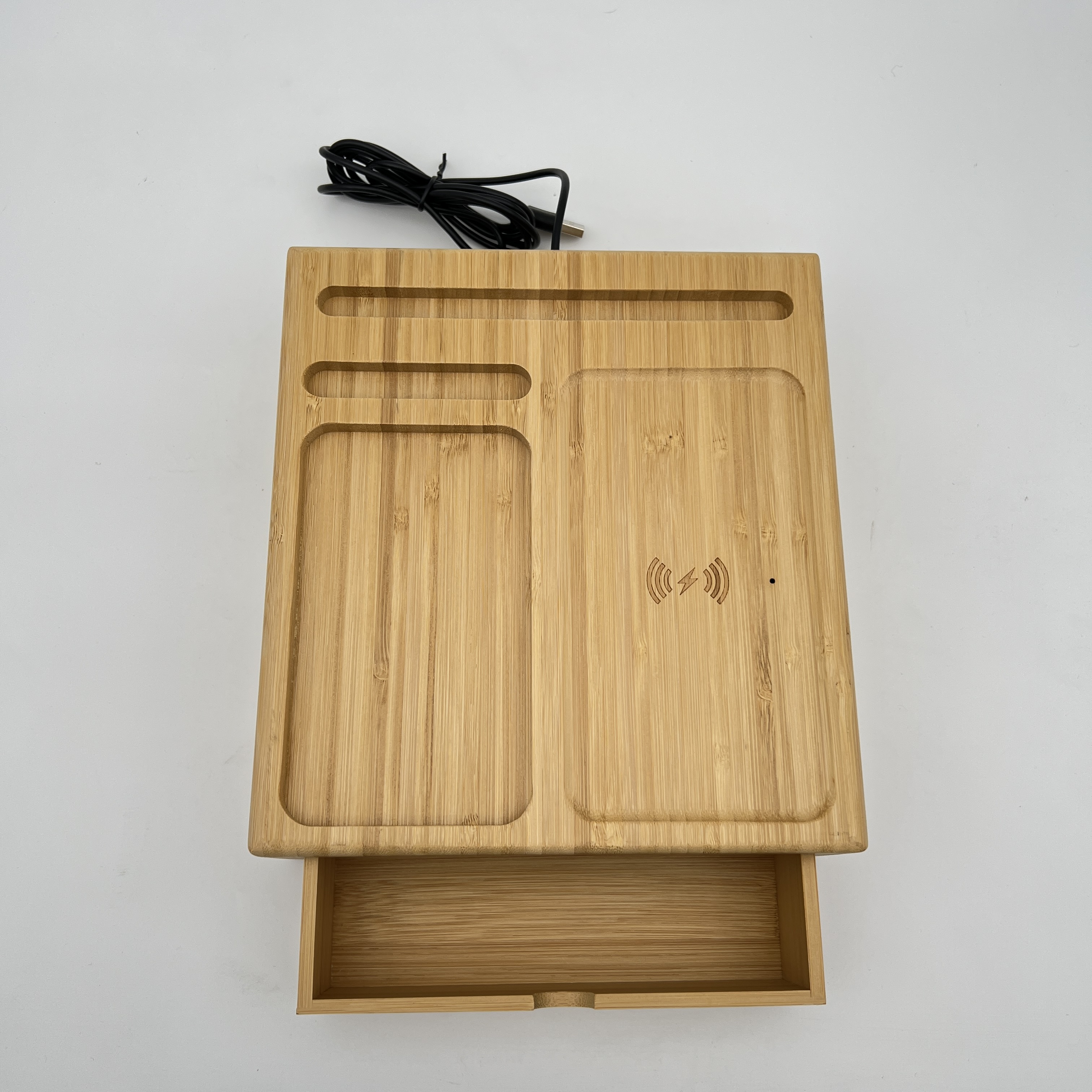 Chargeur sans fil en bois de bambou 10W avec organisateur de bureau pour chambre à coucher 