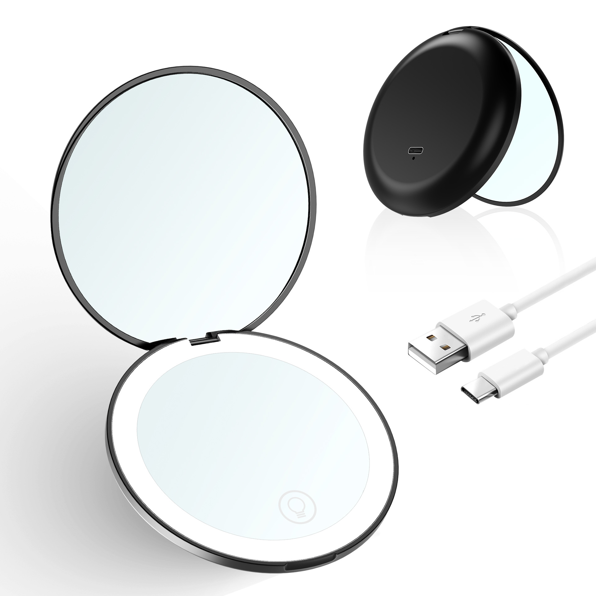 Miroir LED cosmétique pliable et rechargeable de voyage avec lumières