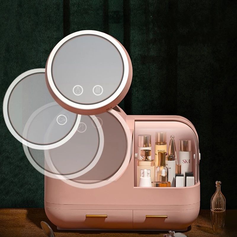 Organisateur de maquillage portable avec miroir et ventilateur de lumière LED