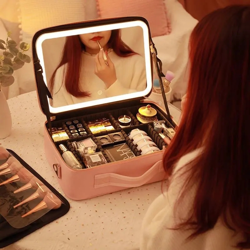 Trousse de maquillage de voyage avec miroir LED éclairé