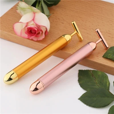 Rouleau de massage facial en forme de T, barre de beauté en or 24 carats pour soins de la peau 