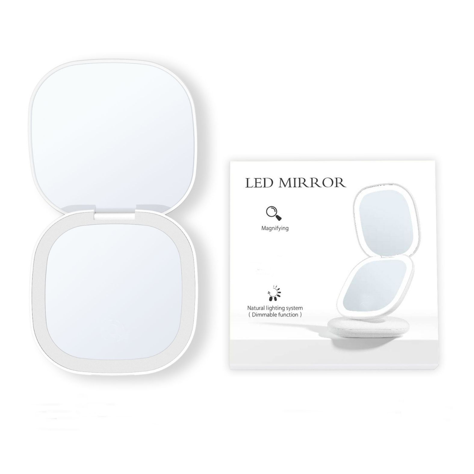 Miroir de poche pliant rond double face portable rechargeable avec lumière LED