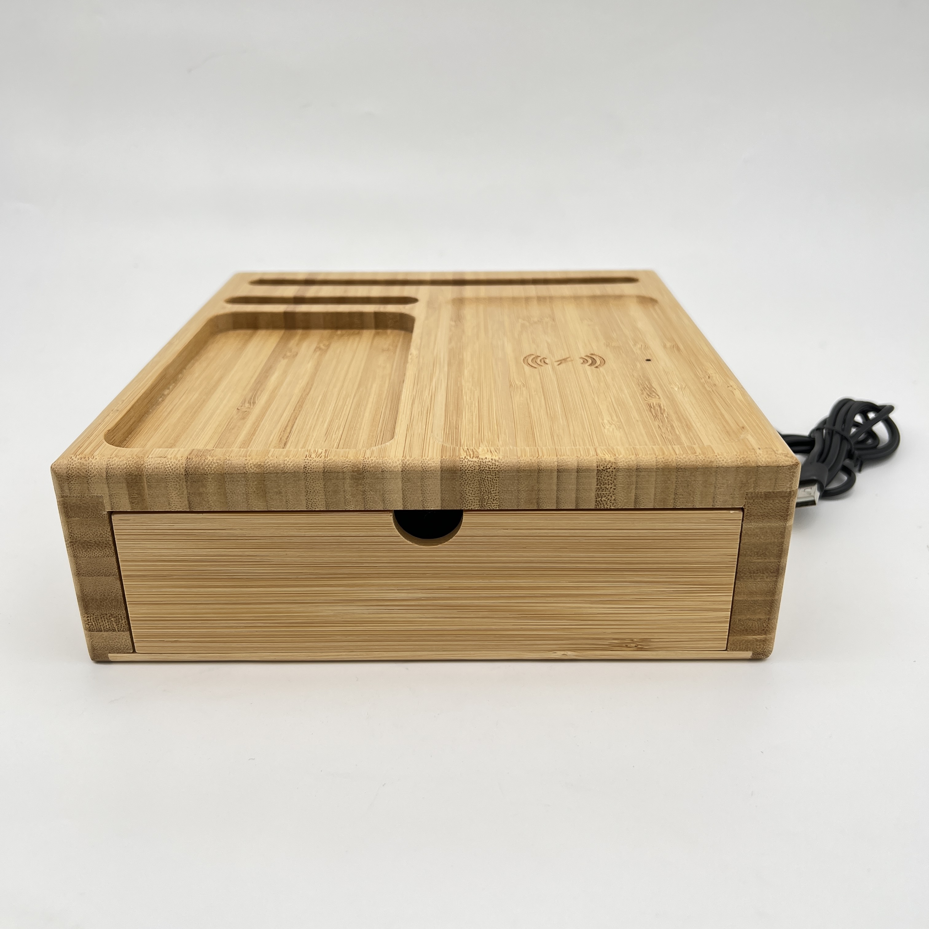 Chargeur sans fil en bois de bambou 10W avec organisateur de bureau pour chambre à coucher 