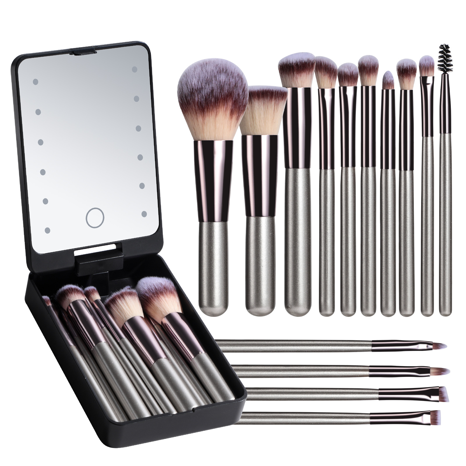 Ensemble de pinceaux de maquillage 14 pièces courts portables avec miroir rechargeable 