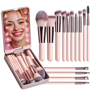 Ensemble de pinceaux de maquillage 14 pièces courts portables avec miroir rechargeable 