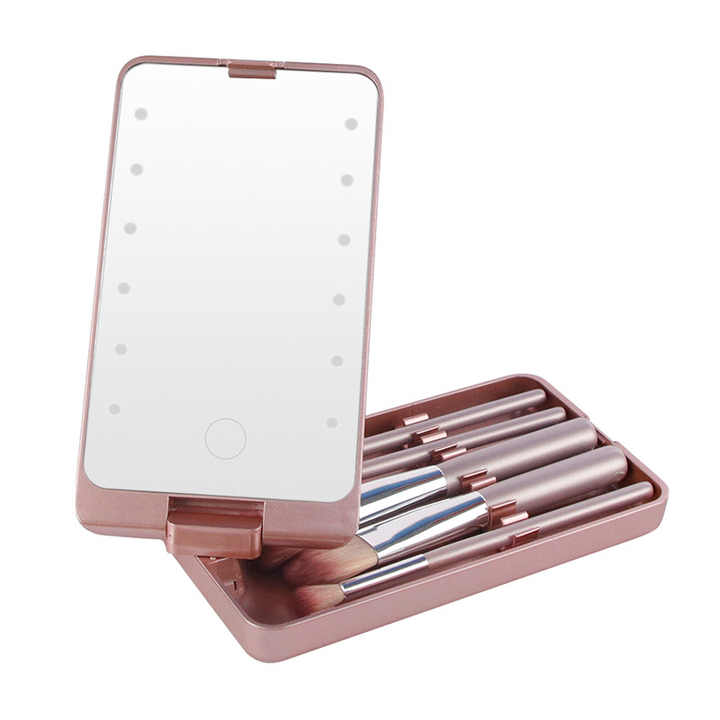 Ensemble de pinceaux d'ombres à paupières en poudre de fond de teint de maquillage de voyage avec miroir lumineux LED