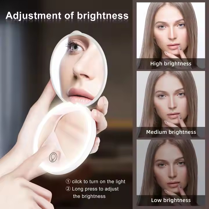 Miroir de maquillage de vanité rond de voiture éclairé par LED rechargeable pliant tenu dans la main