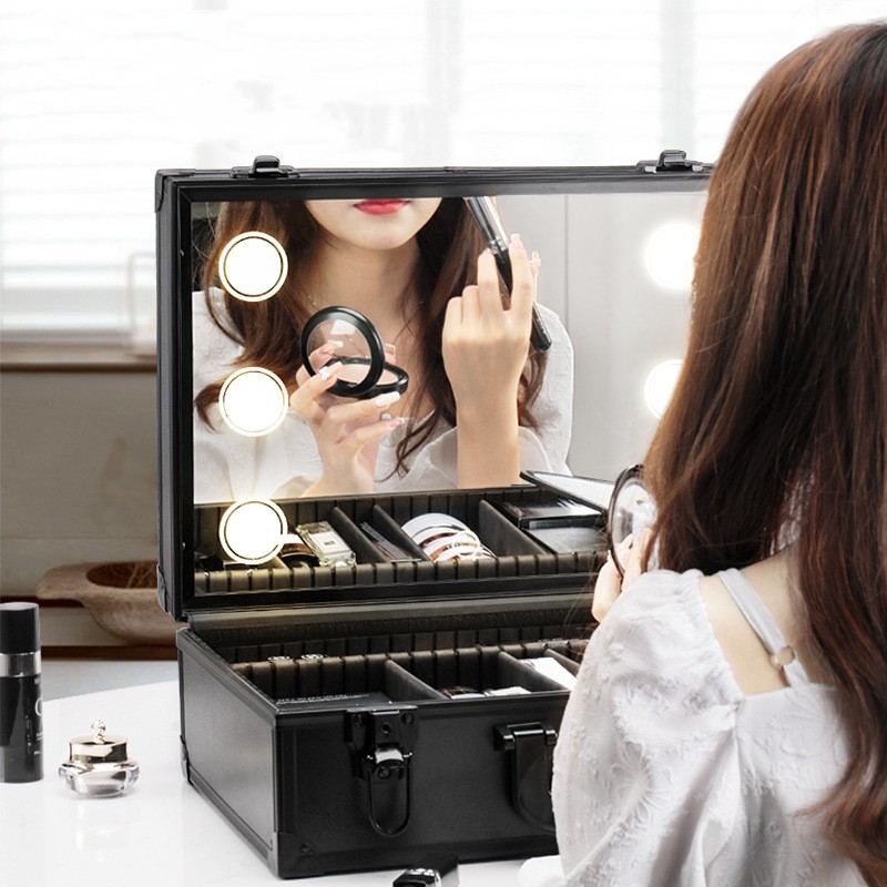 Organisateur de trousse à maquillage portable avec miroir et lumières