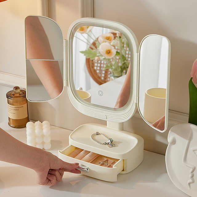 Boîte de rangement cosmétique pour le maquillage des femmes avec lumière ambiante réglable et miroir