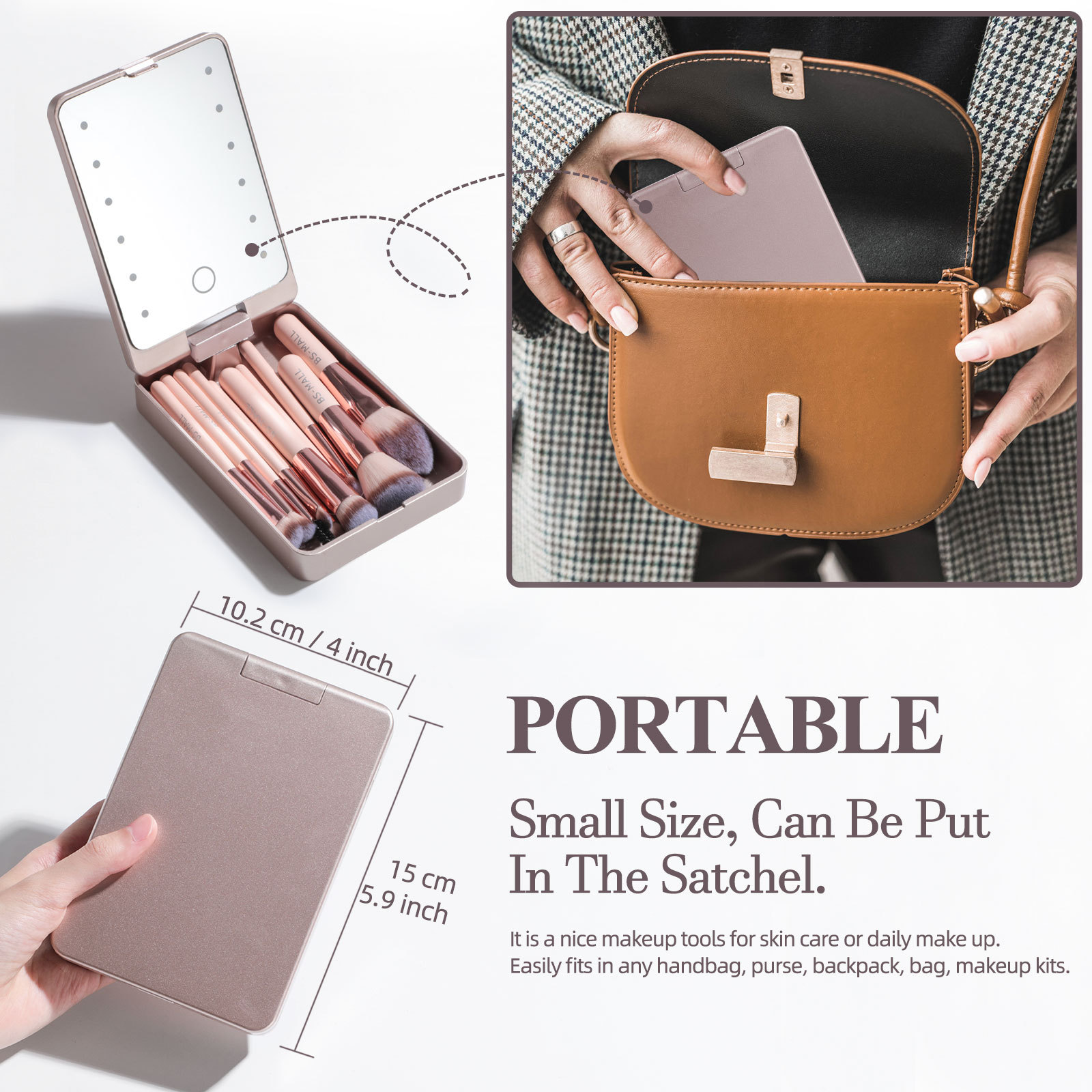 Ensemble de pinceaux de poudre de fond de teint de maquillage de voyage portable avec miroir LED 