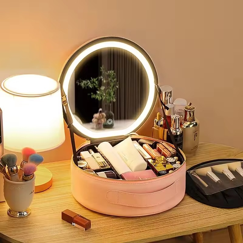 Sac de maquillage de voyage rond avec miroir de lumière LED 