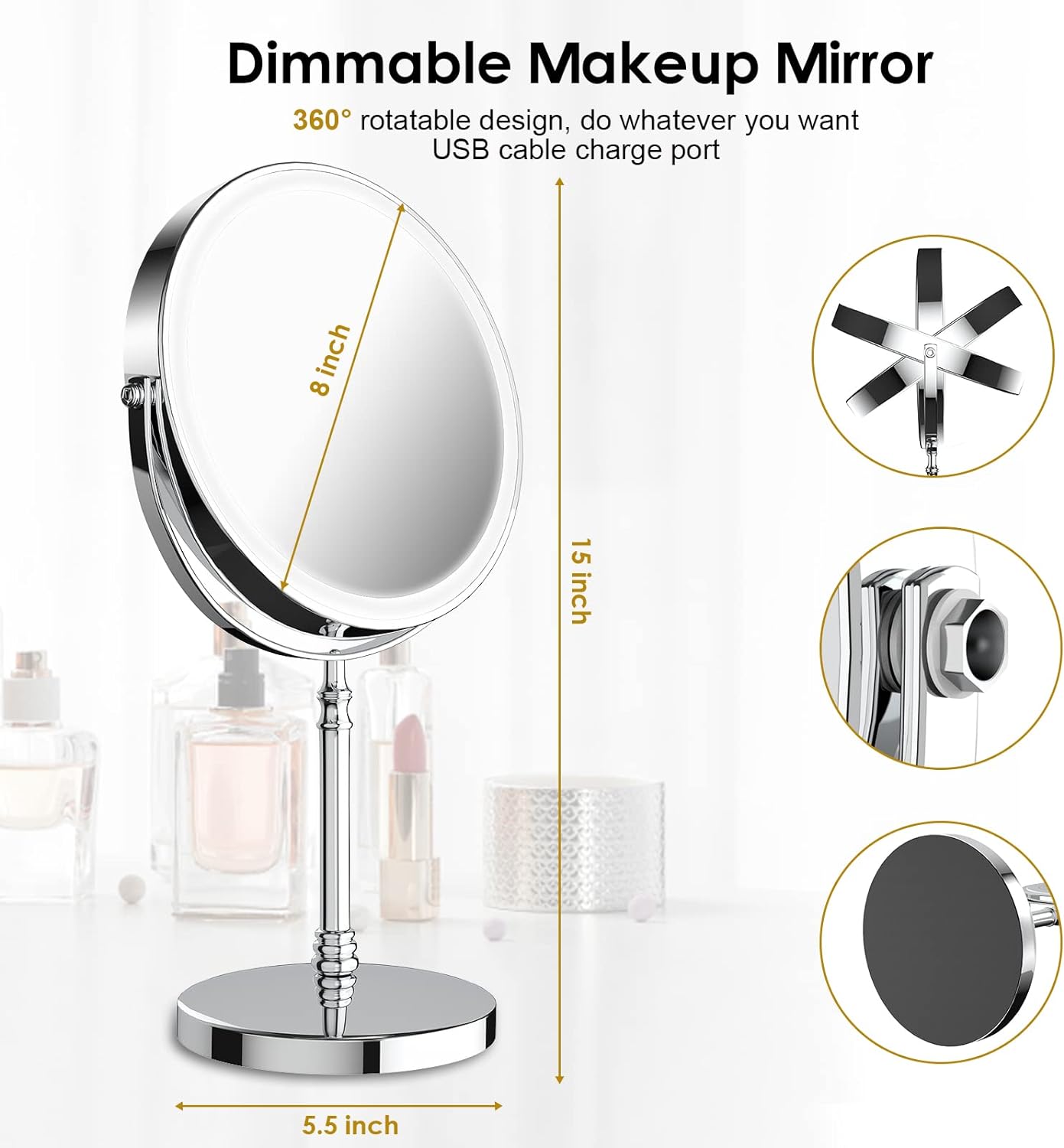 Miroir de maquillage LED grossissant 10X double face de 8 pouces 